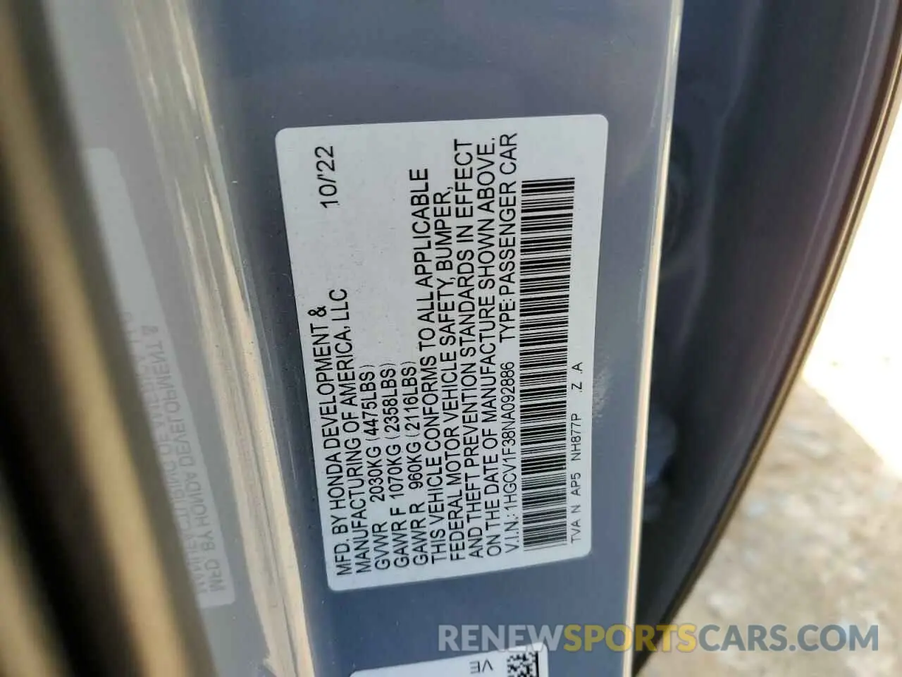 12 Photograph of a damaged car 1HGCV1F38NA092886 HONDA ACCORD 2022