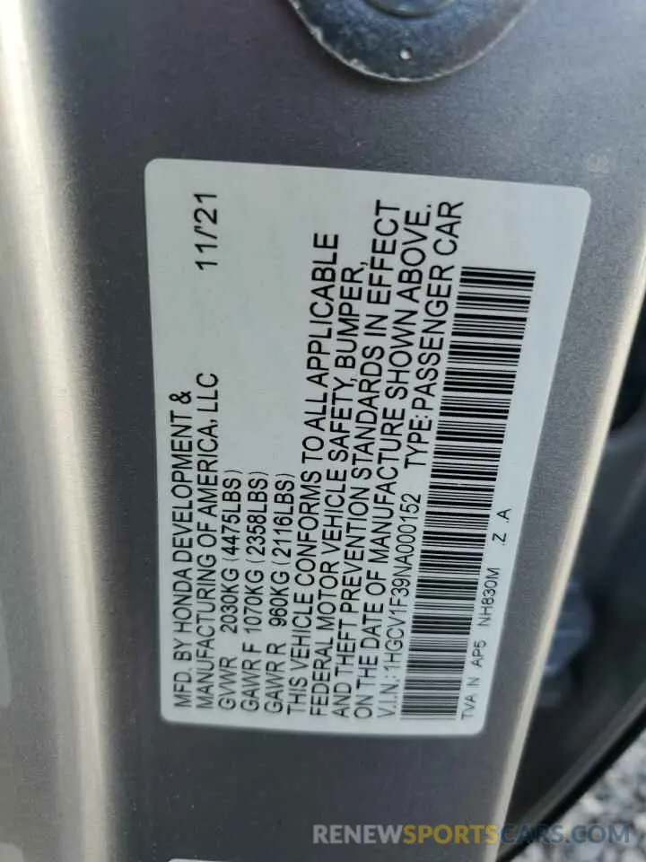 13 Photograph of a damaged car 1HGCV1F39NA000152 HONDA ACCORD 2022