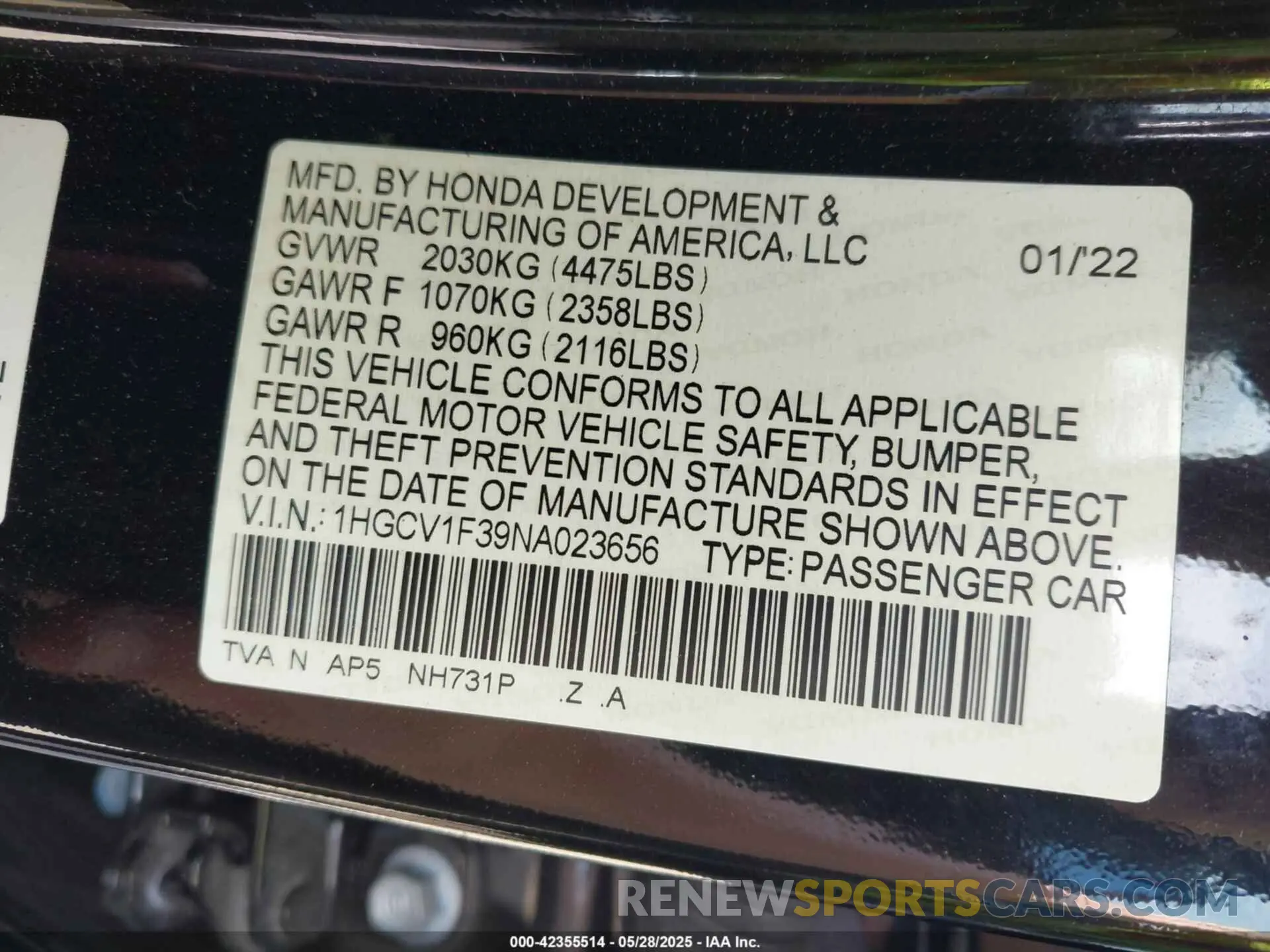 9 Photograph of a damaged car 1HGCV1F39NA023656 HONDA ACCORD 2022