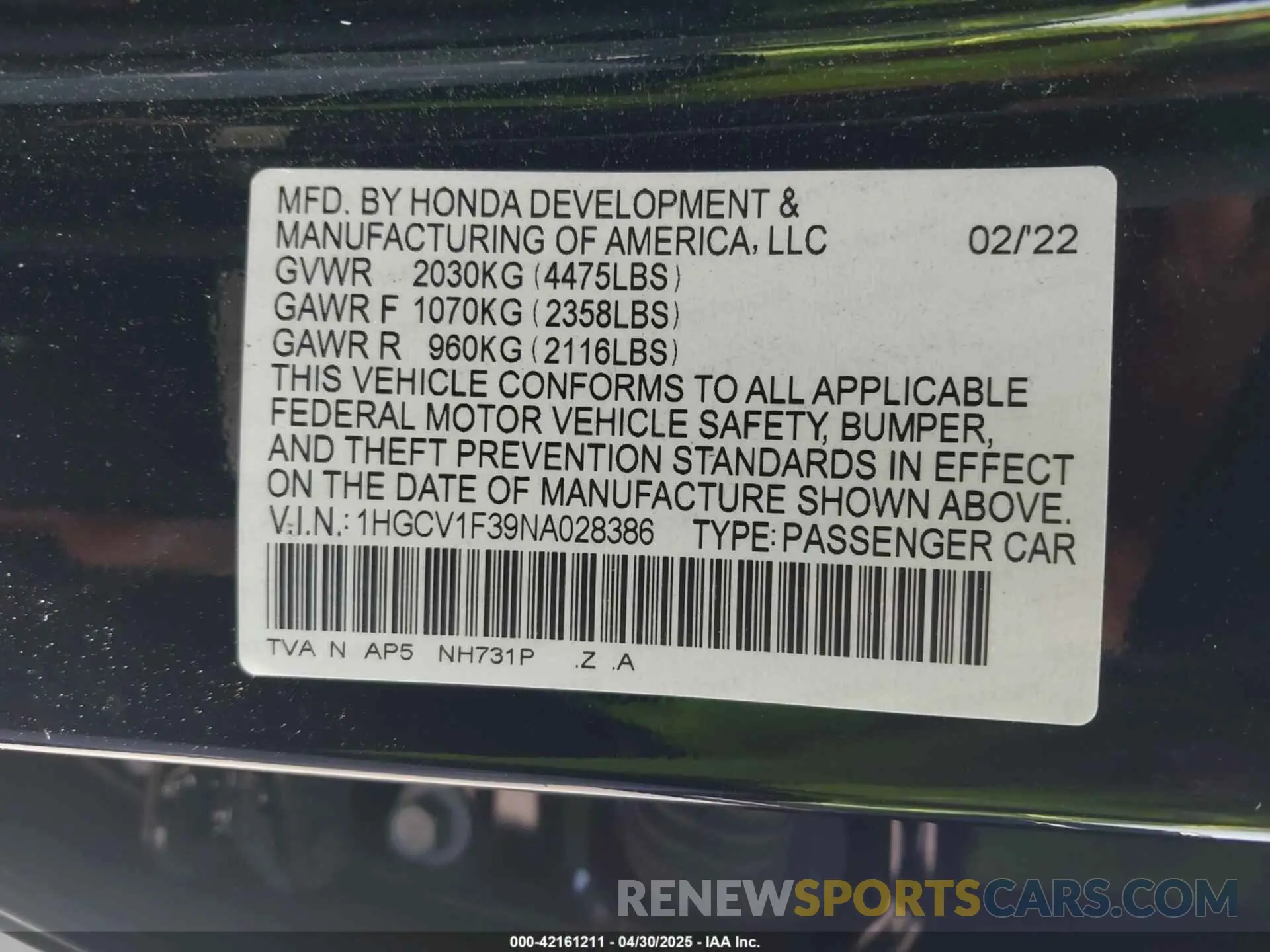 9 Photograph of a damaged car 1HGCV1F39NA028386 HONDA ACCORD 2022