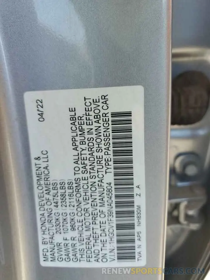 12 Photograph of a damaged car 1HGCV1F39NA045804 HONDA ACCORD 2022