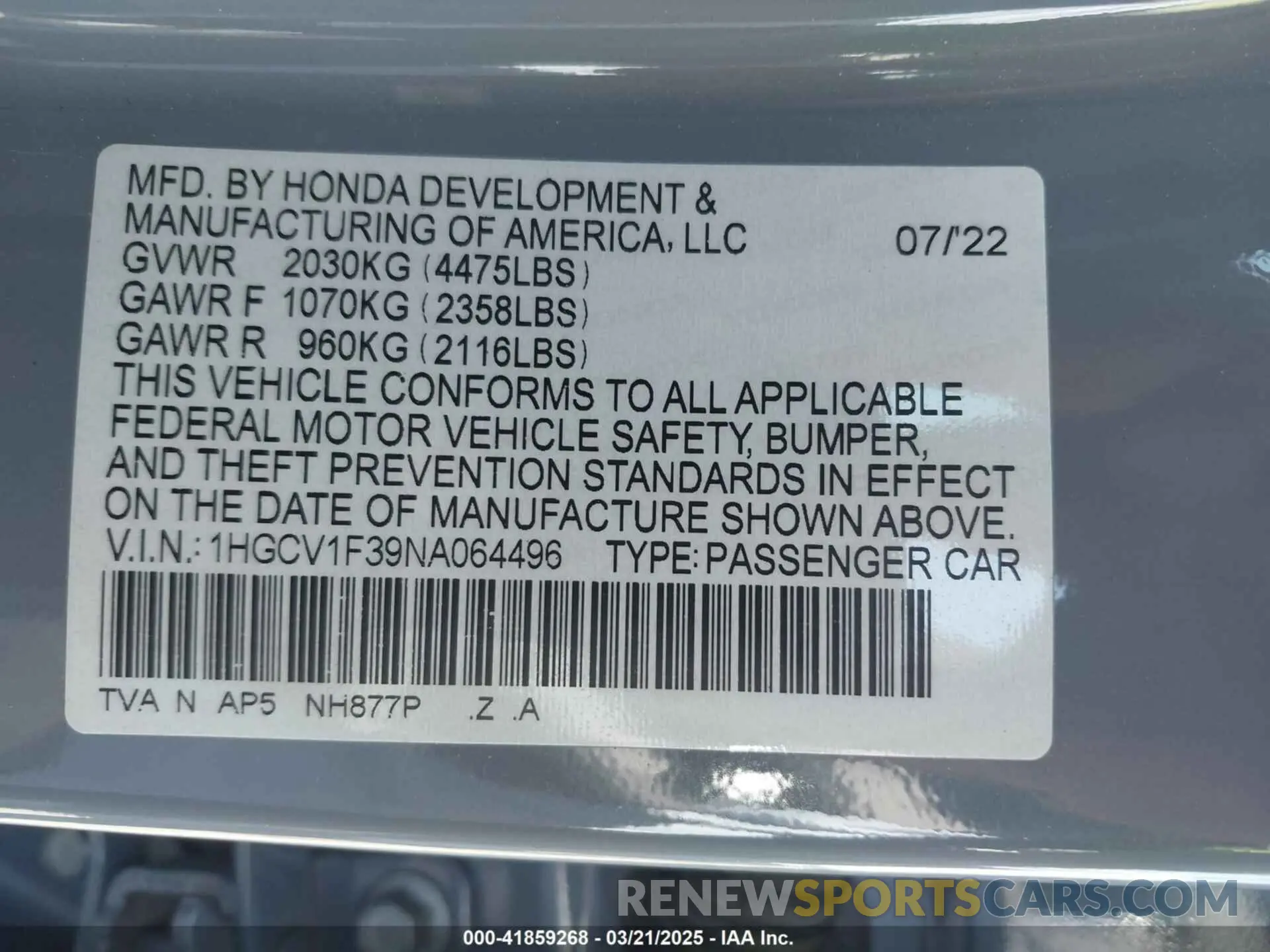 9 Photograph of a damaged car 1HGCV1F39NA064496 HONDA ACCORD 2022