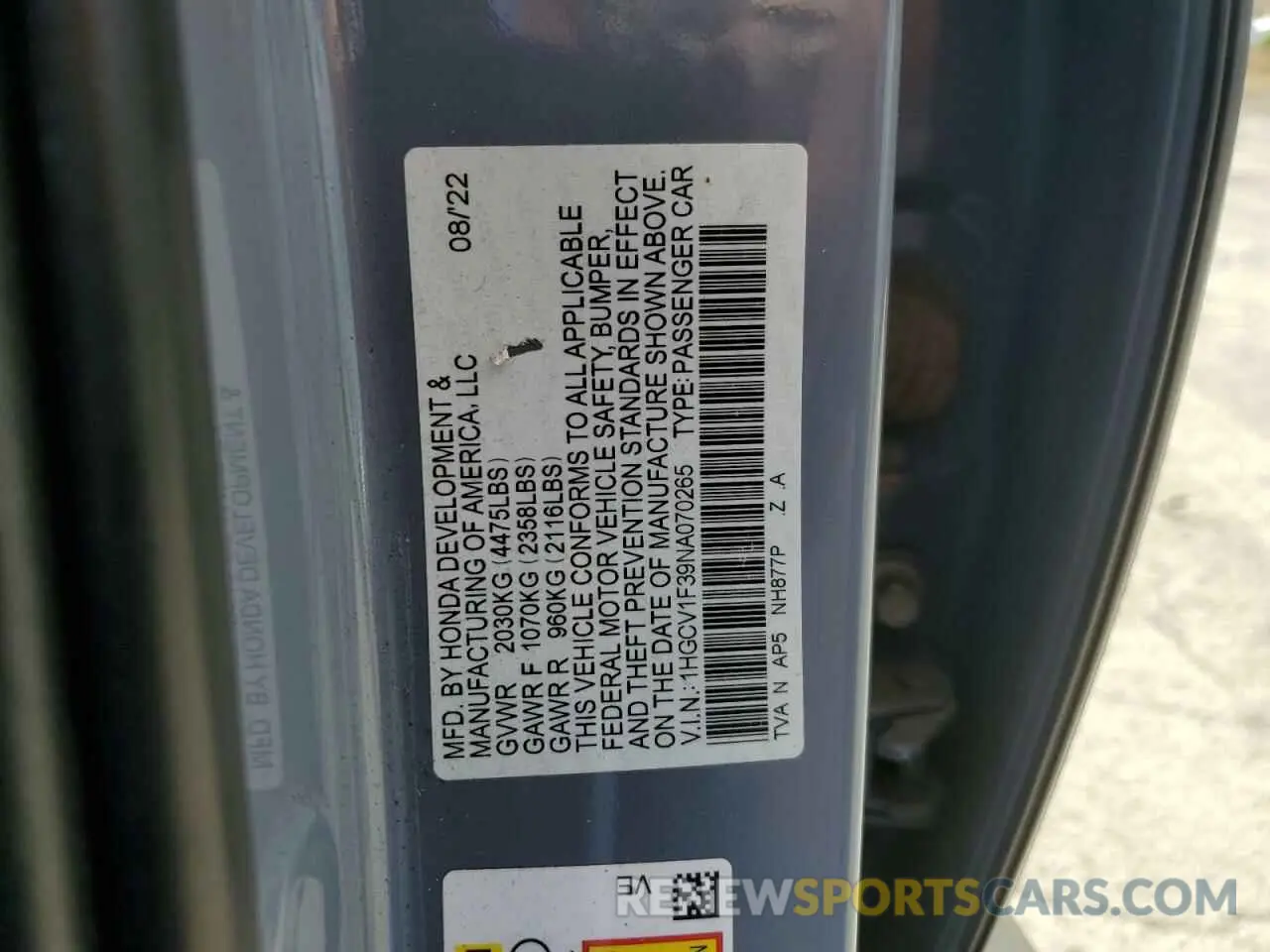 13 Photograph of a damaged car 1HGCV1F39NA070265 HONDA ACCORD 2022