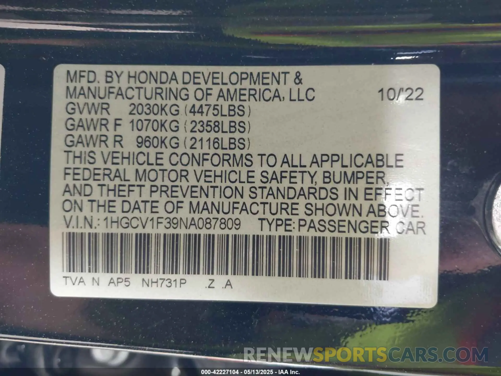 9 Photograph of a damaged car 1HGCV1F39NA087809 HONDA ACCORD 2022