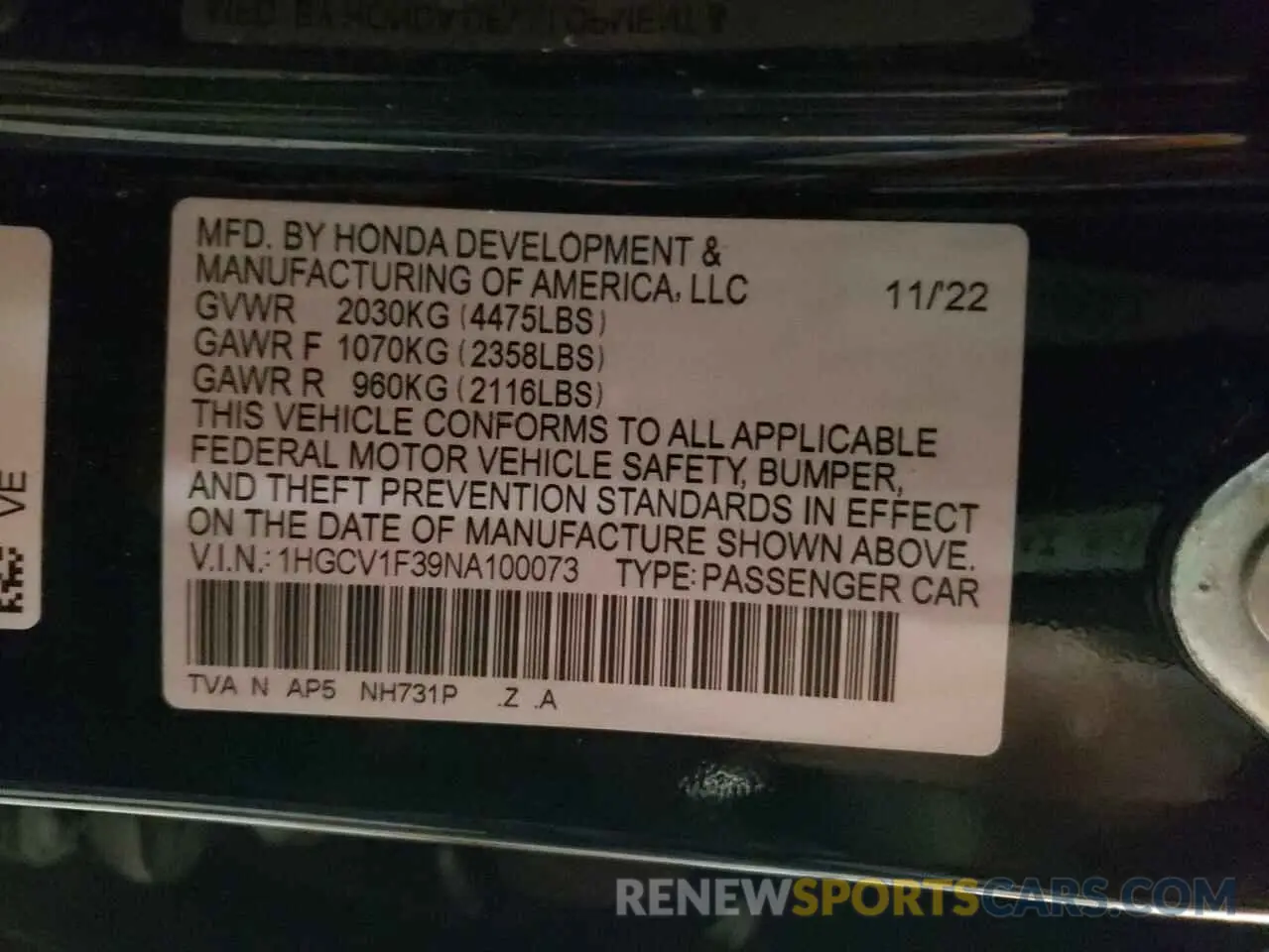 12 Photograph of a damaged car 1HGCV1F39NA100073 HONDA ACCORD 2022