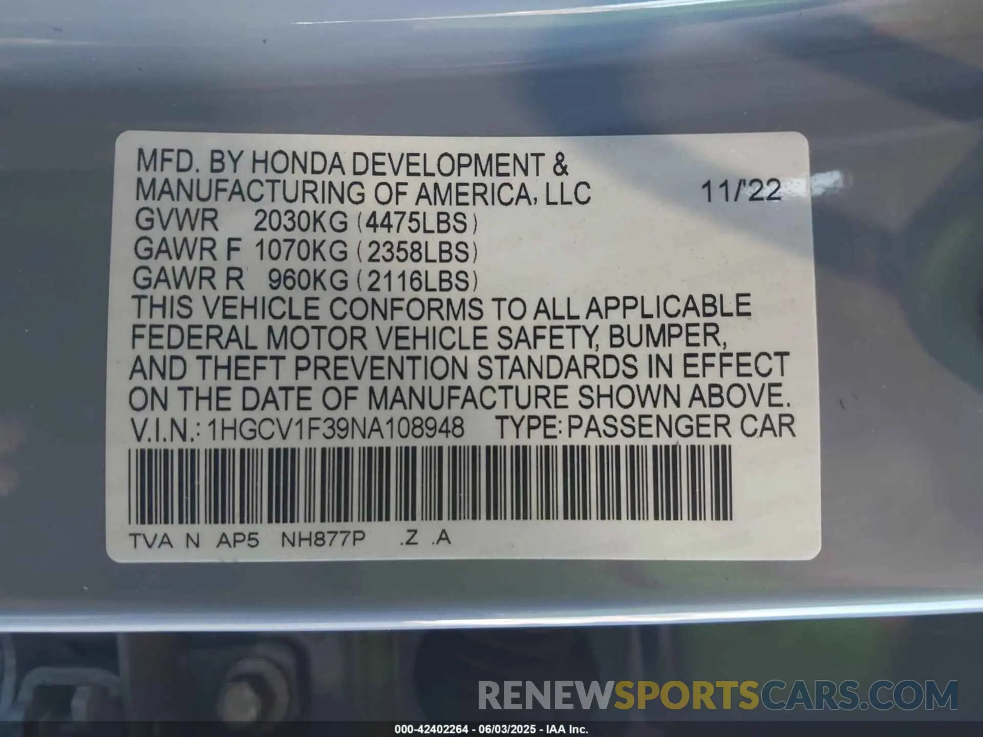 9 Photograph of a damaged car 1HGCV1F39NA108948 HONDA ACCORD 2022