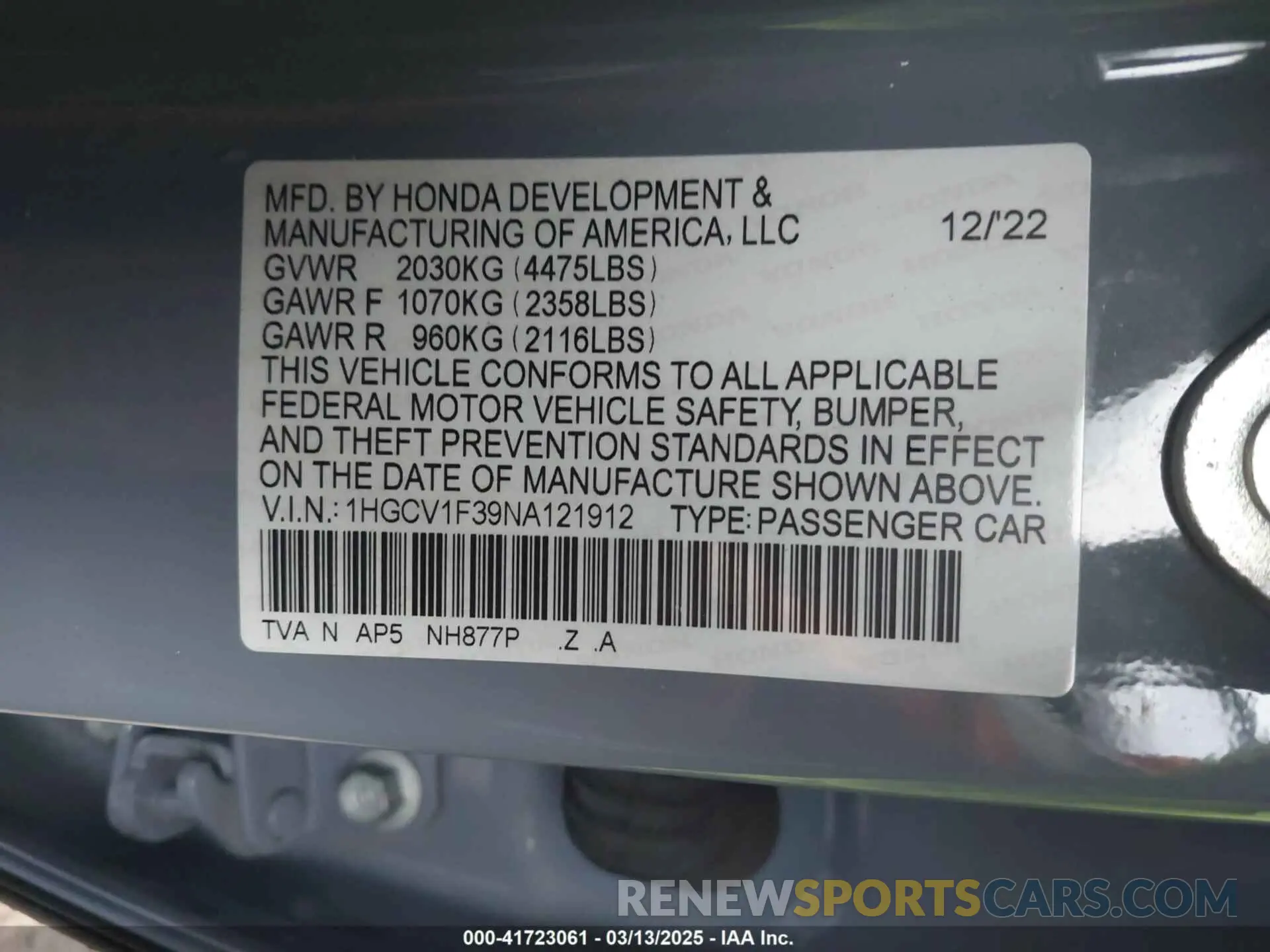 9 Photograph of a damaged car 1HGCV1F39NA121912 HONDA ACCORD 2022