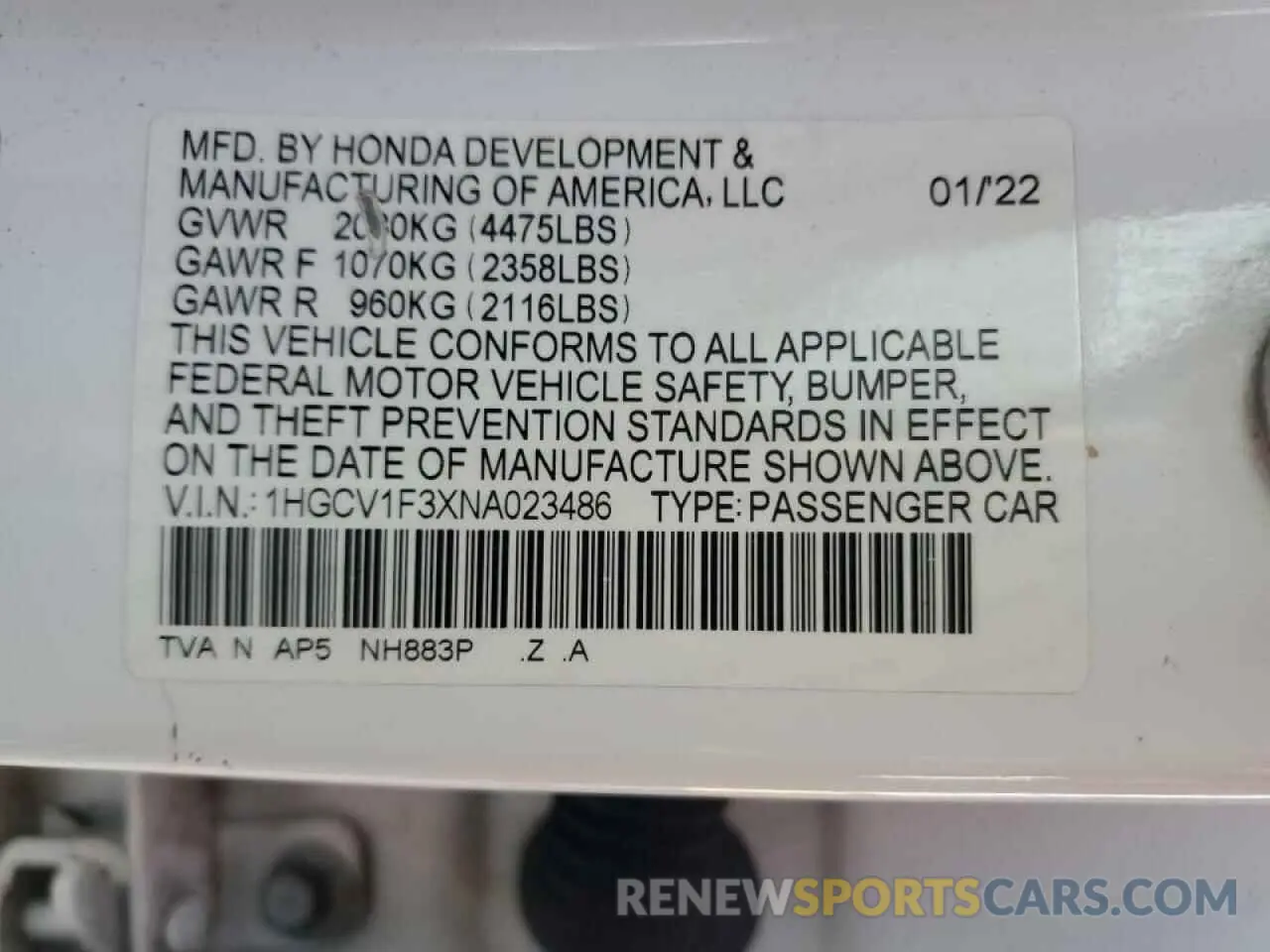 12 Photograph of a damaged car 1HGCV1F3XNA023486 HONDA ACCORD 2022