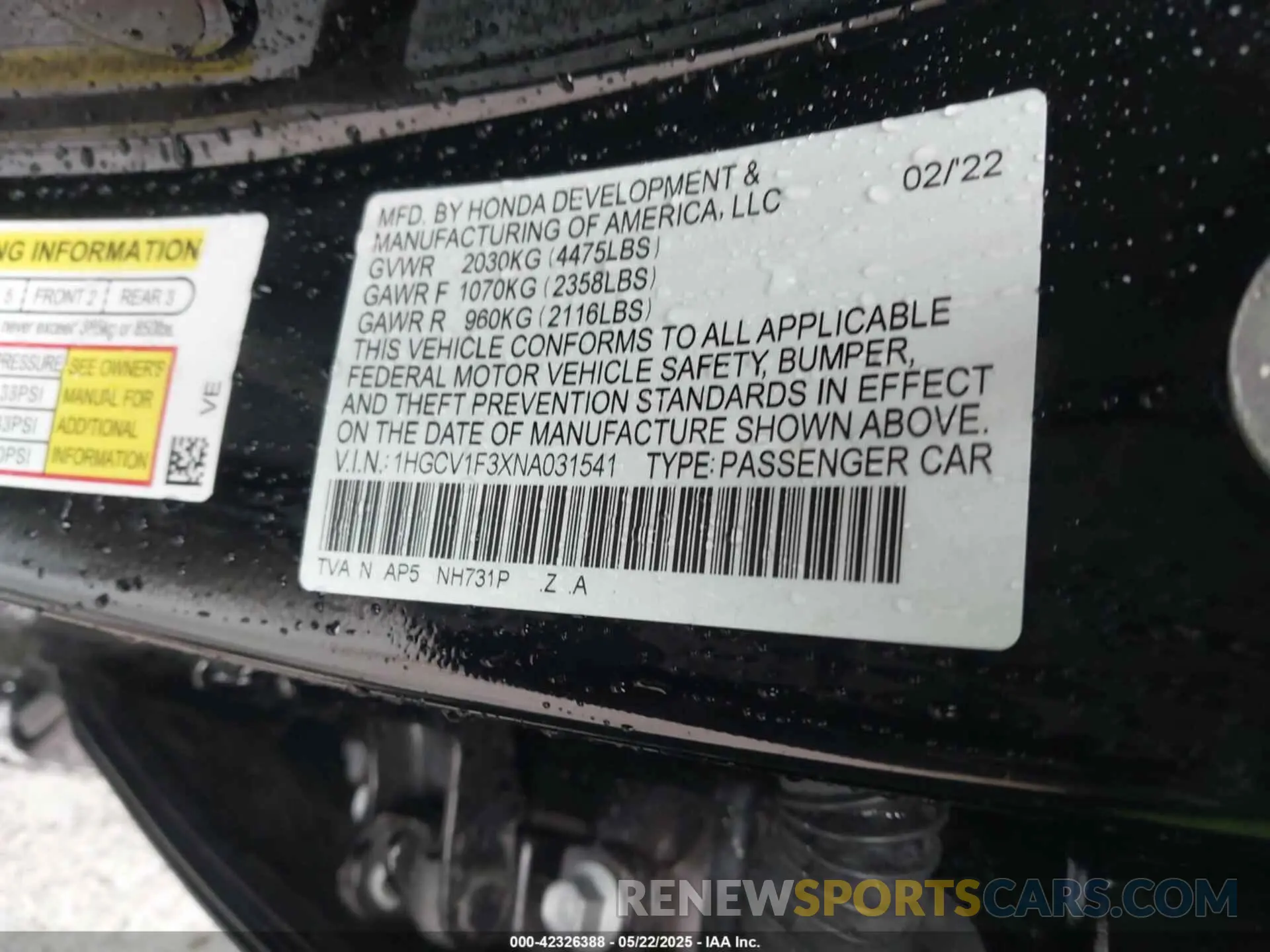 9 Photograph of a damaged car 1HGCV1F3XNA031541 HONDA ACCORD 2022