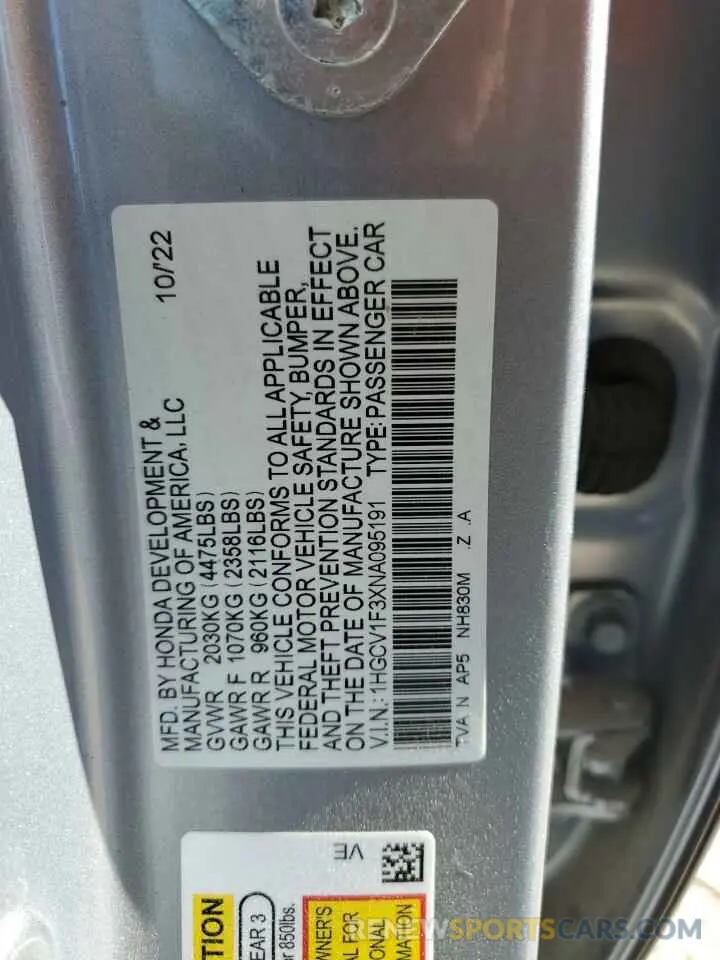 13 Photograph of a damaged car 1HGCV1F3XNA095191 HONDA ACCORD 2022