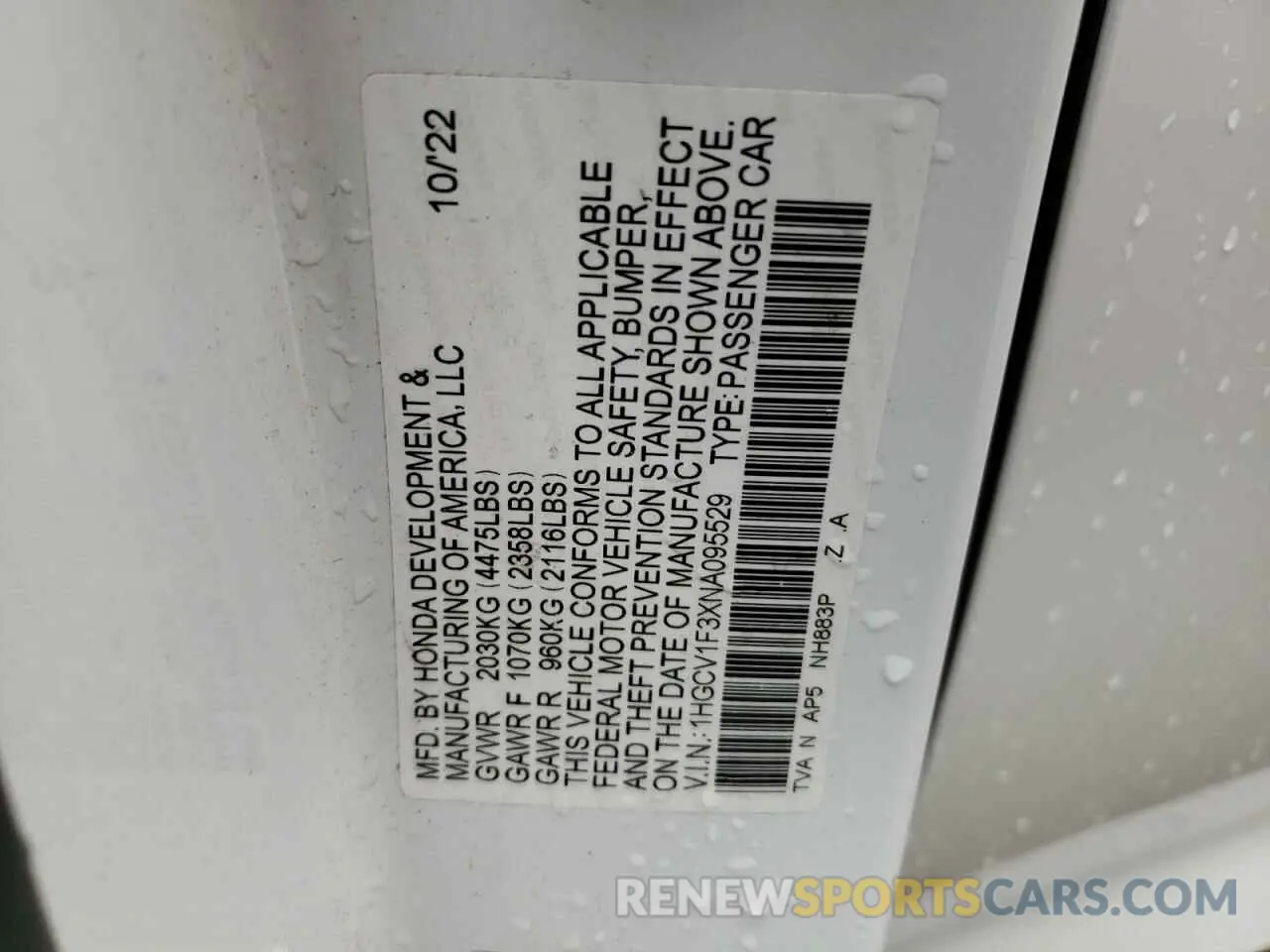 12 Photograph of a damaged car 1HGCV1F3XNA095529 HONDA ACCORD 2022