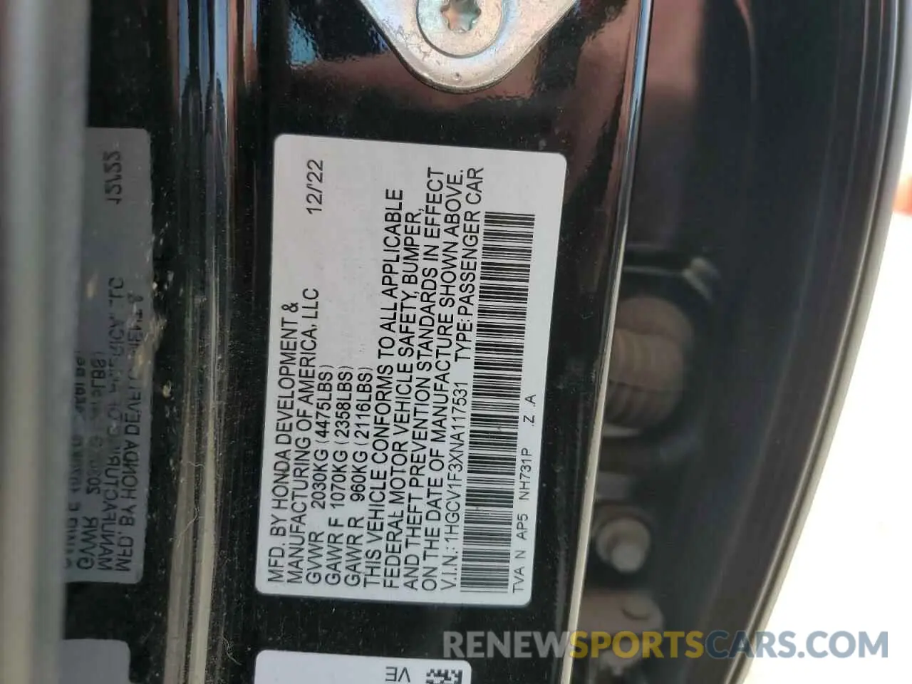 14 Photograph of a damaged car 1HGCV1F3XNA117531 HONDA ACCORD 2022