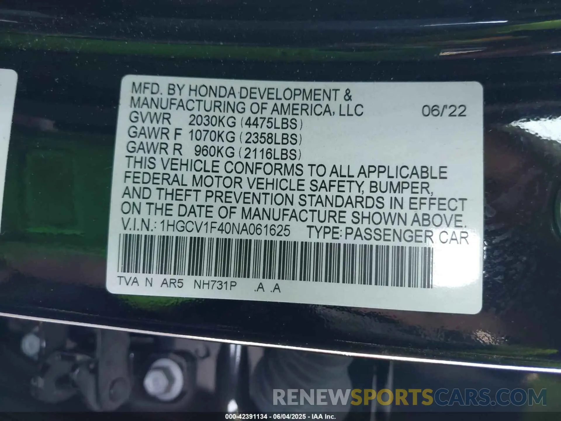 9 Photograph of a damaged car 1HGCV1F40NA061625 HONDA ACCORD 2022