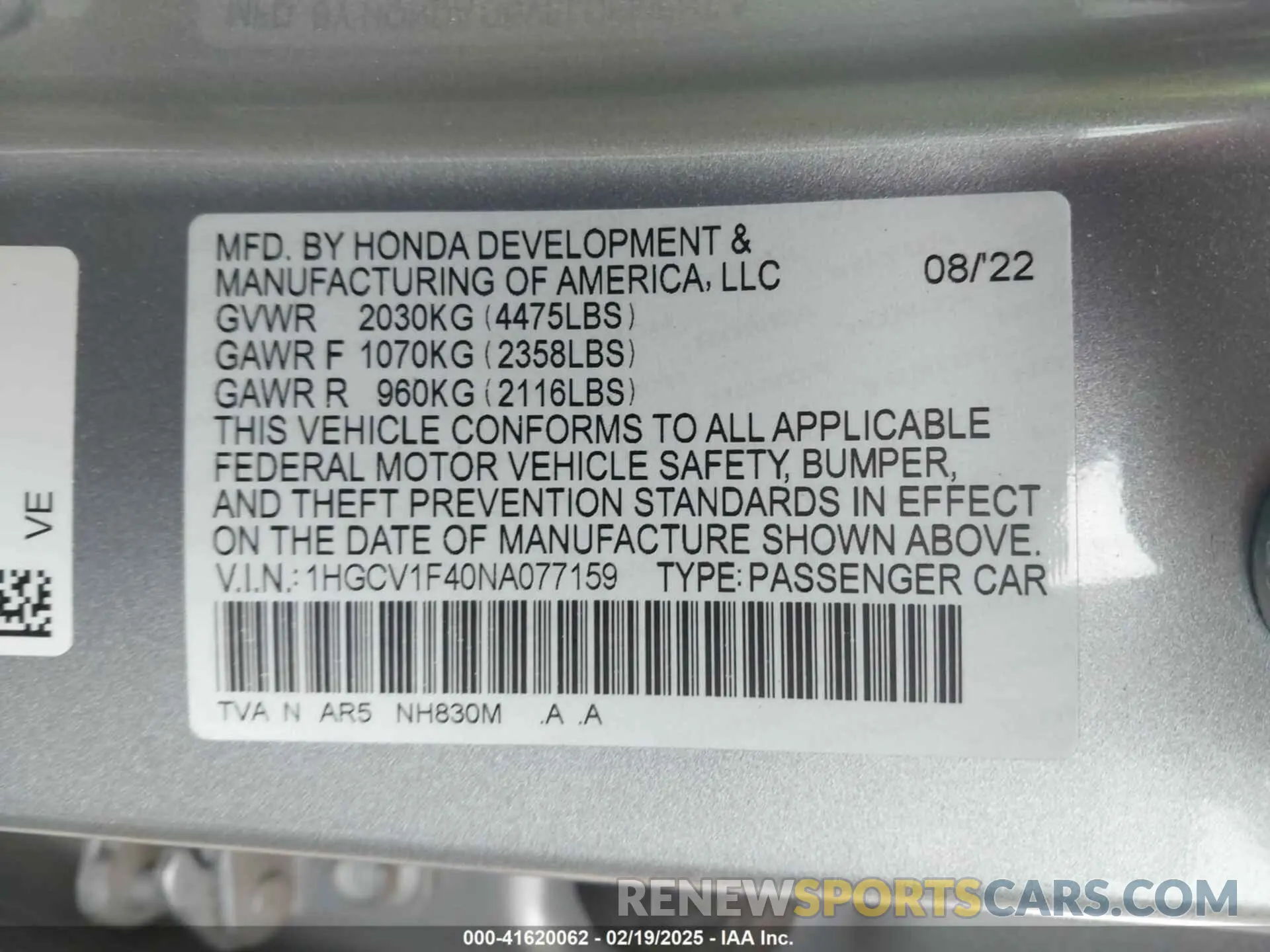 9 Photograph of a damaged car 1HGCV1F40NA077159 HONDA ACCORD 2022