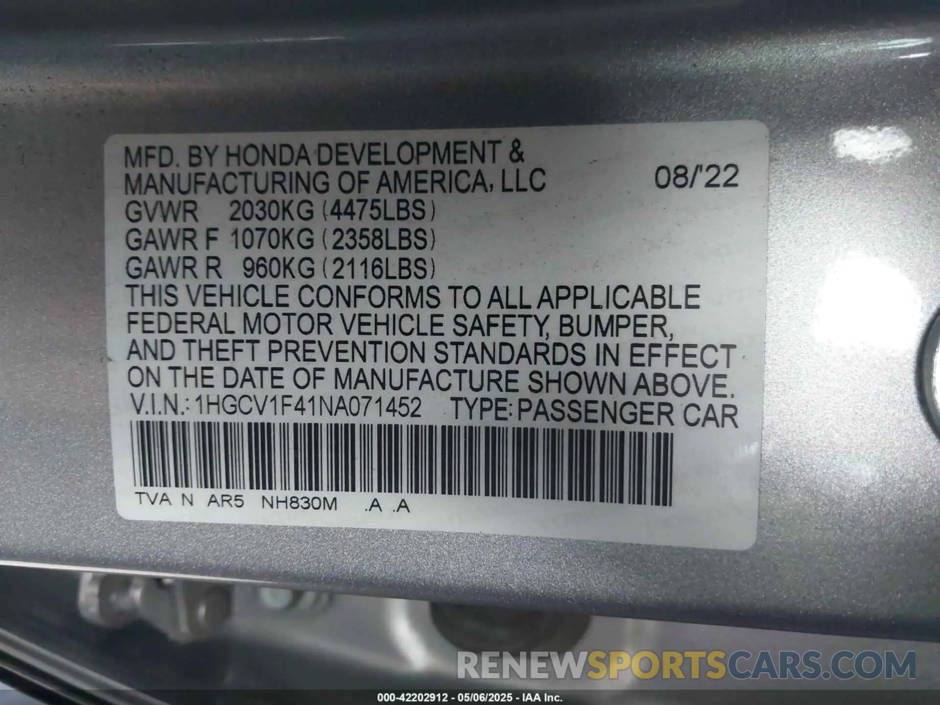 9 Photograph of a damaged car 1HGCV1F41NA071452 HONDA ACCORD 2022