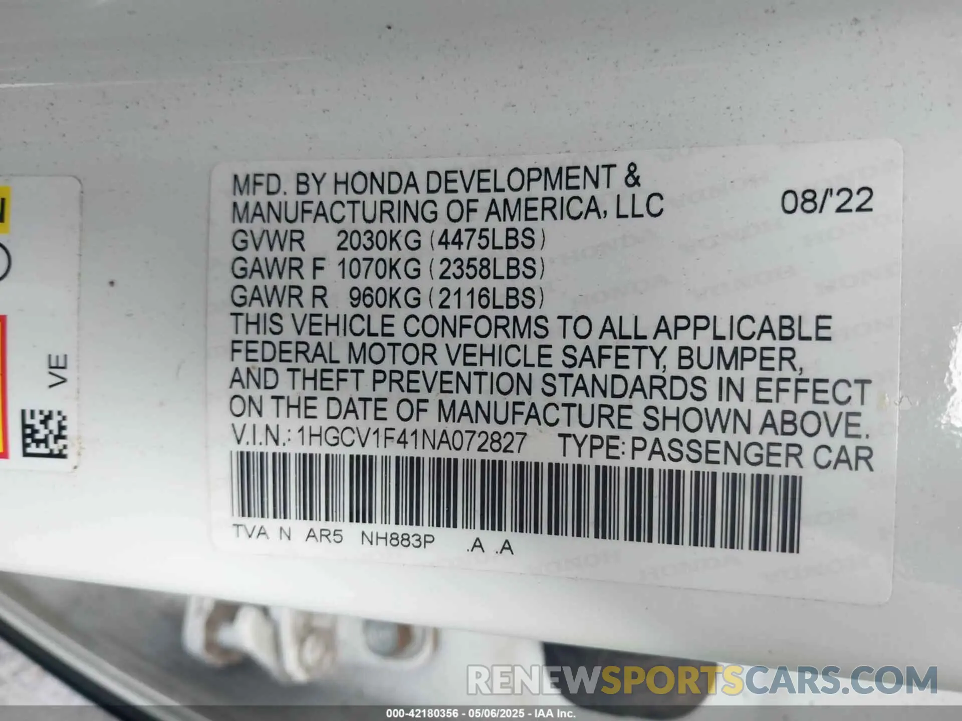 9 Photograph of a damaged car 1HGCV1F41NA072827 HONDA ACCORD 2022