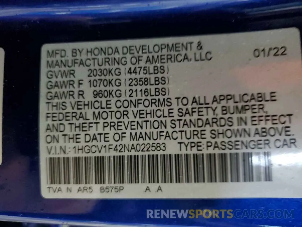 13 Photograph of a damaged car 1HGCV1F42NA022583 HONDA ACCORD 2022