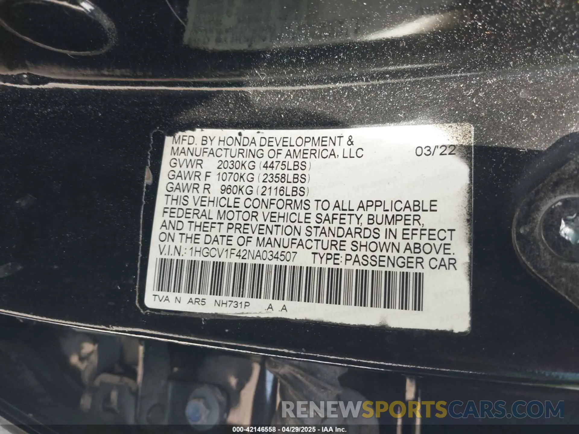 9 Photograph of a damaged car 1HGCV1F42NA034507 HONDA ACCORD 2022