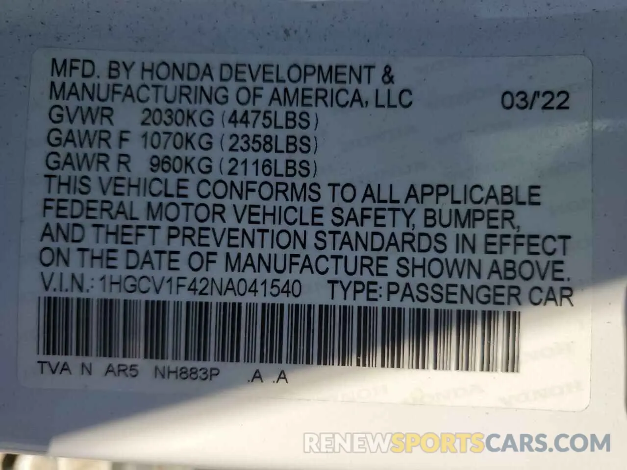 13 Photograph of a damaged car 1HGCV1F42NA041540 HONDA ACCORD 2022