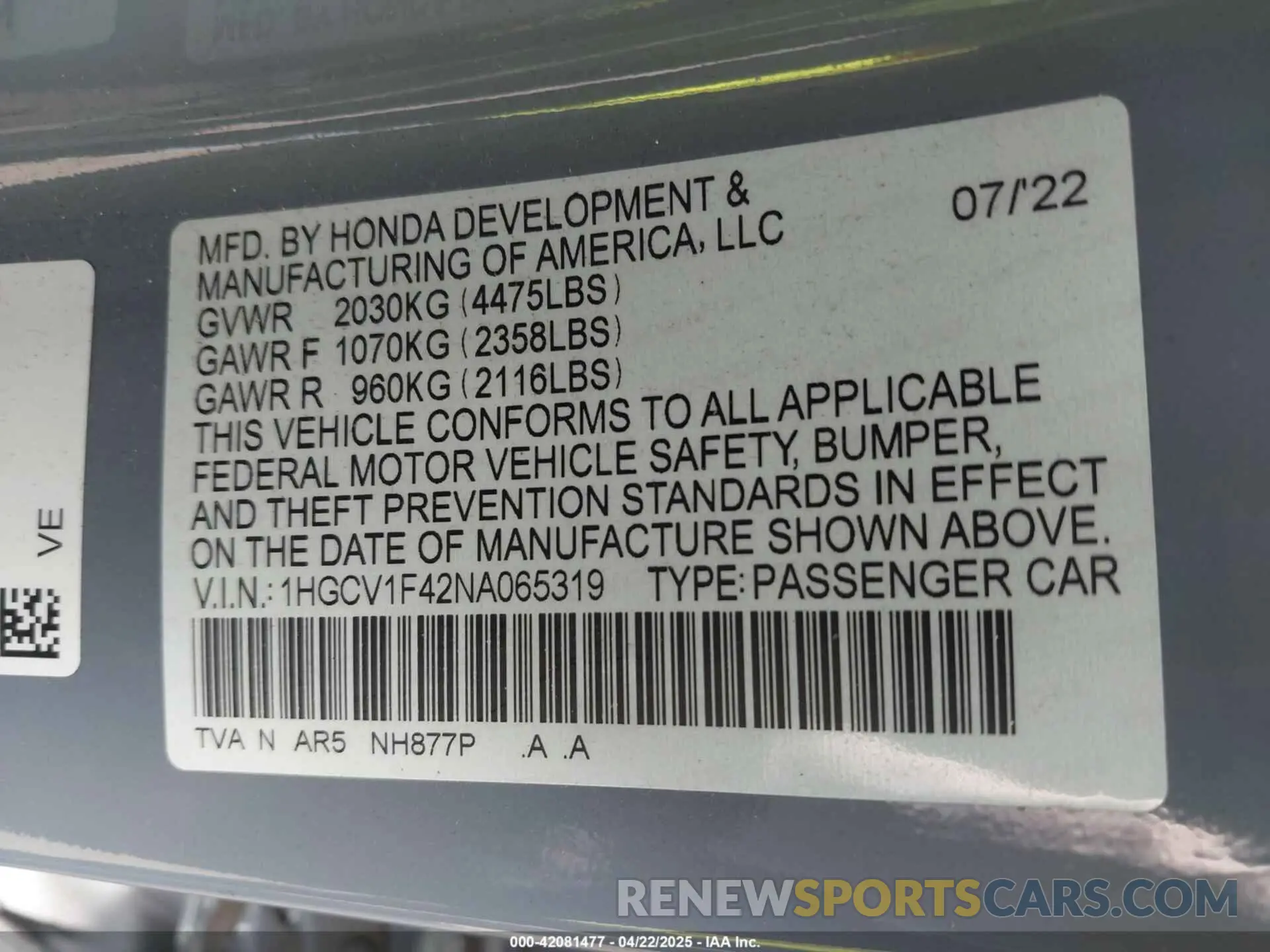 9 Photograph of a damaged car 1HGCV1F42NA065319 HONDA ACCORD 2022