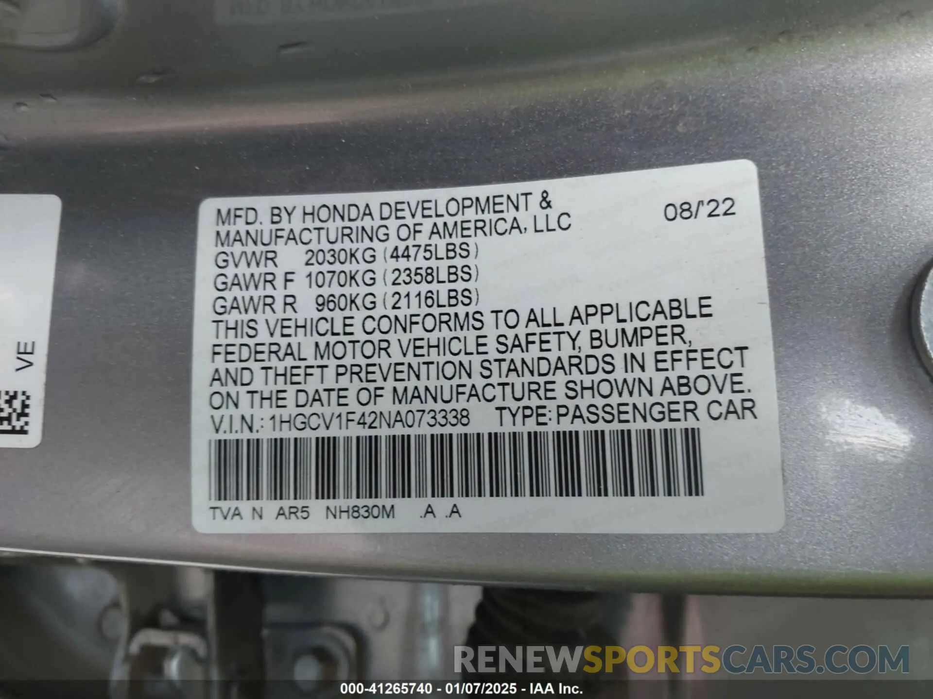 9 Photograph of a damaged car 1HGCV1F42NA073338 HONDA ACCORD 2022