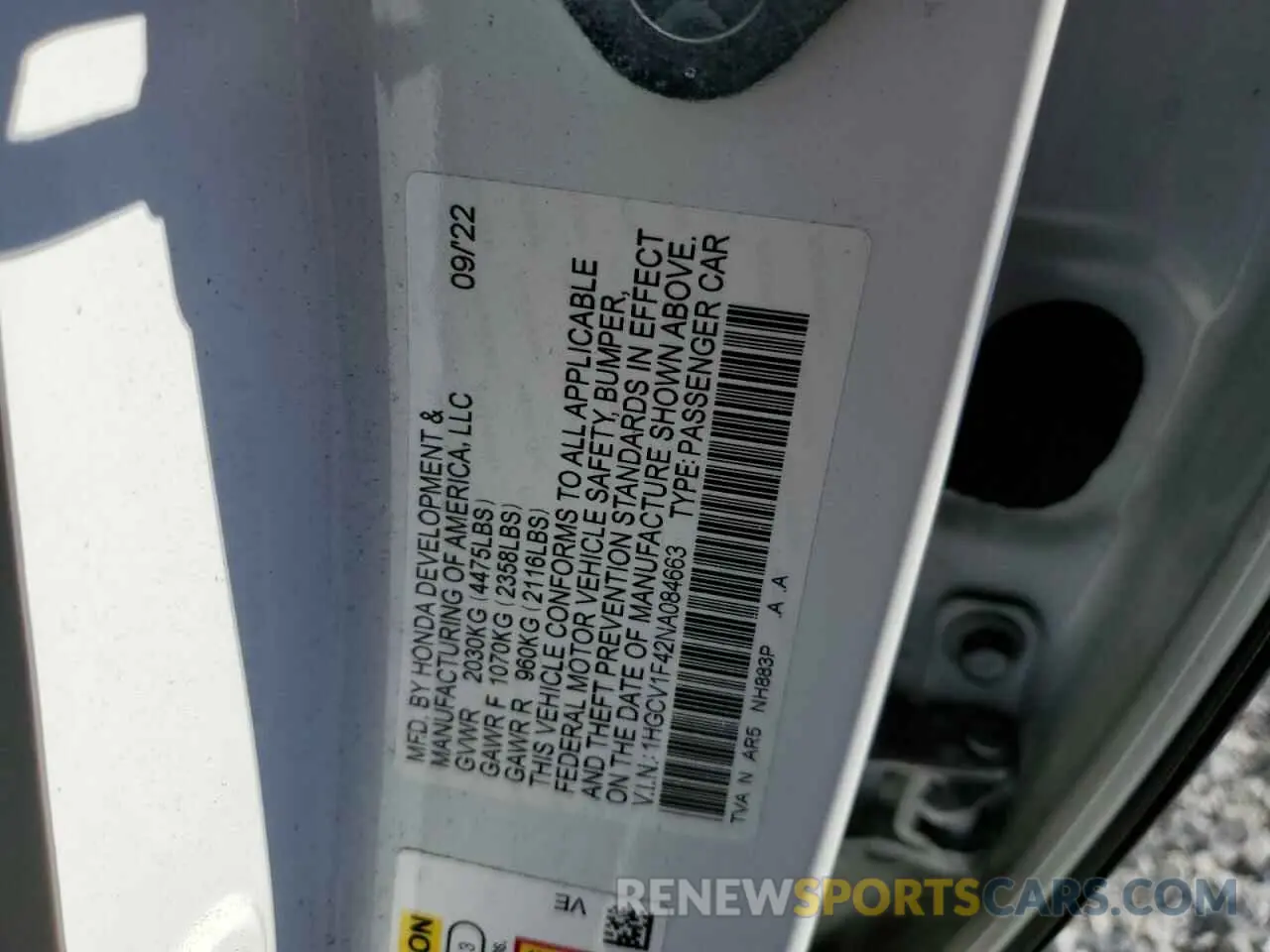 14 Photograph of a damaged car 1HGCV1F42NA084663 HONDA ACCORD 2022