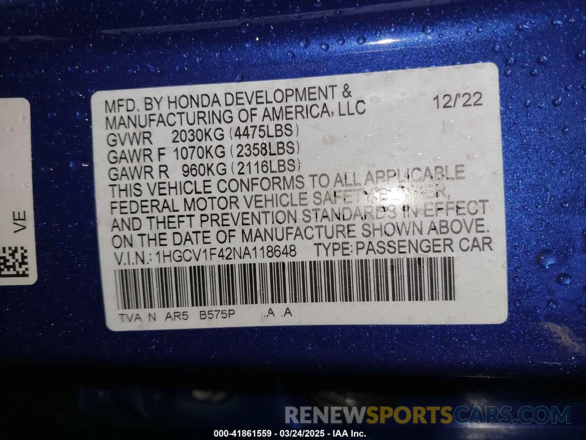 9 Photograph of a damaged car 1HGCV1F42NA118648 HONDA ACCORD 2022