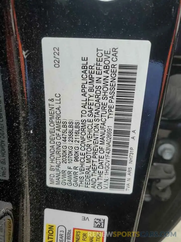 13 Photograph of a damaged car 1HGCV1F43NA026691 HONDA ACCORD 2022