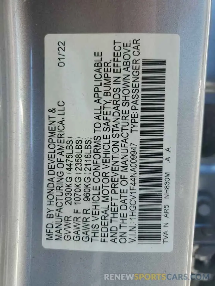 12 Photograph of a damaged car 1HGCV1F44NA009947 HONDA ACCORD 2022