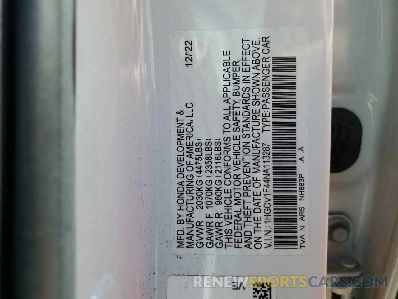 13 Photograph of a damaged car 1HGCV1F44NA113287 HONDA ACCORD 2022
