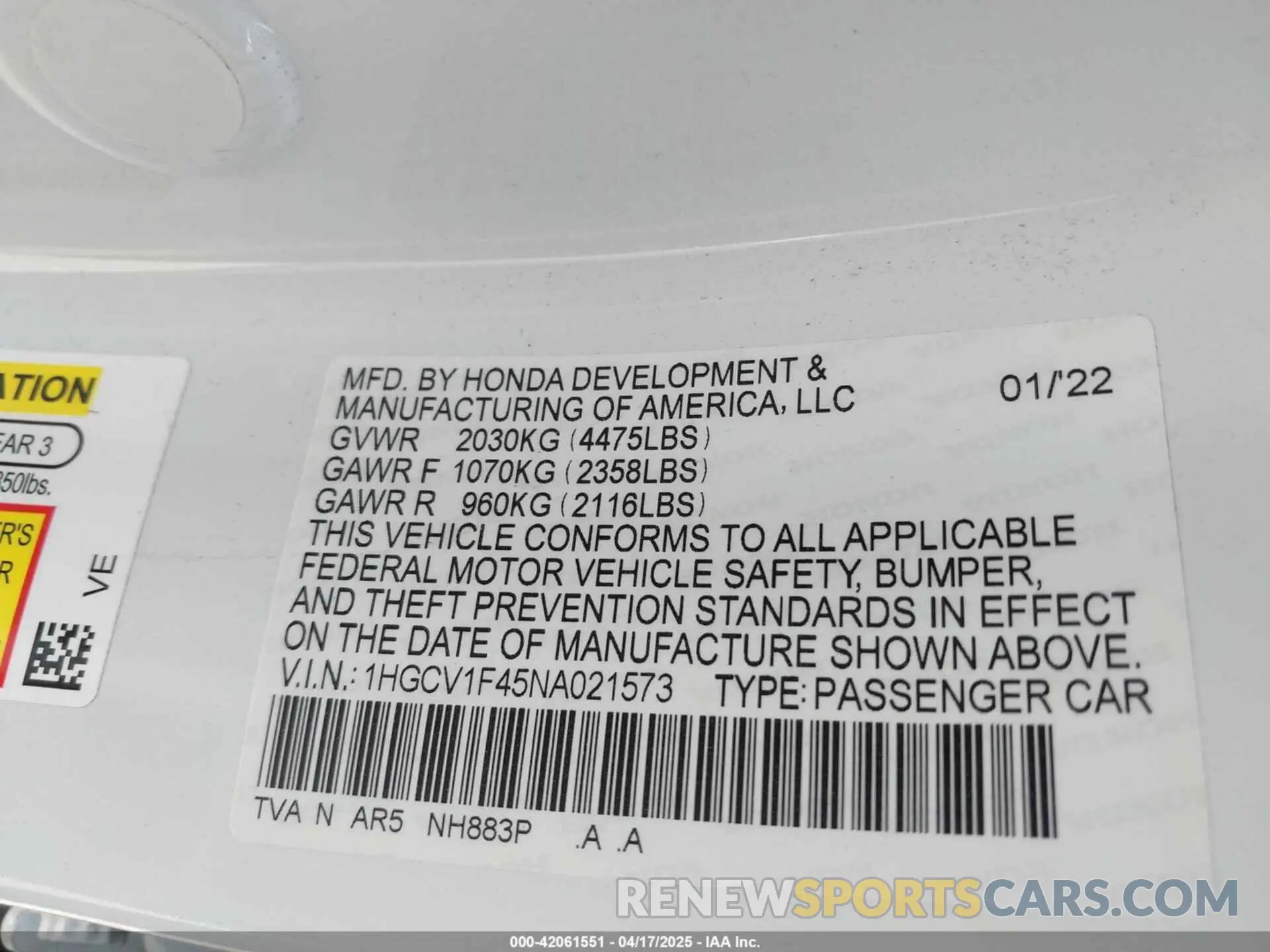 9 Photograph of a damaged car 1HGCV1F45NA021573 HONDA ACCORD 2022