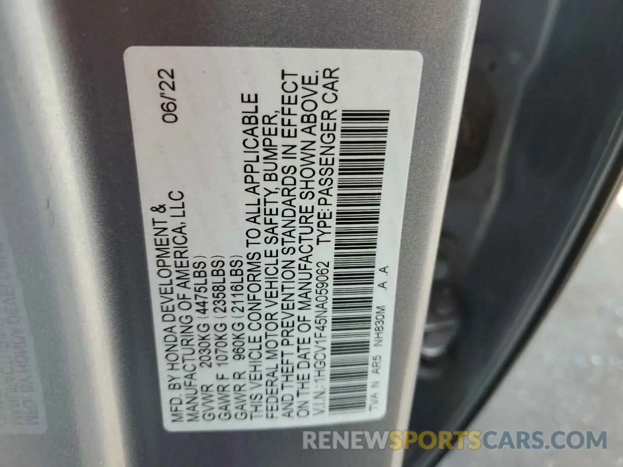 12 Photograph of a damaged car 1HGCV1F45NA059062 HONDA ACCORD 2022