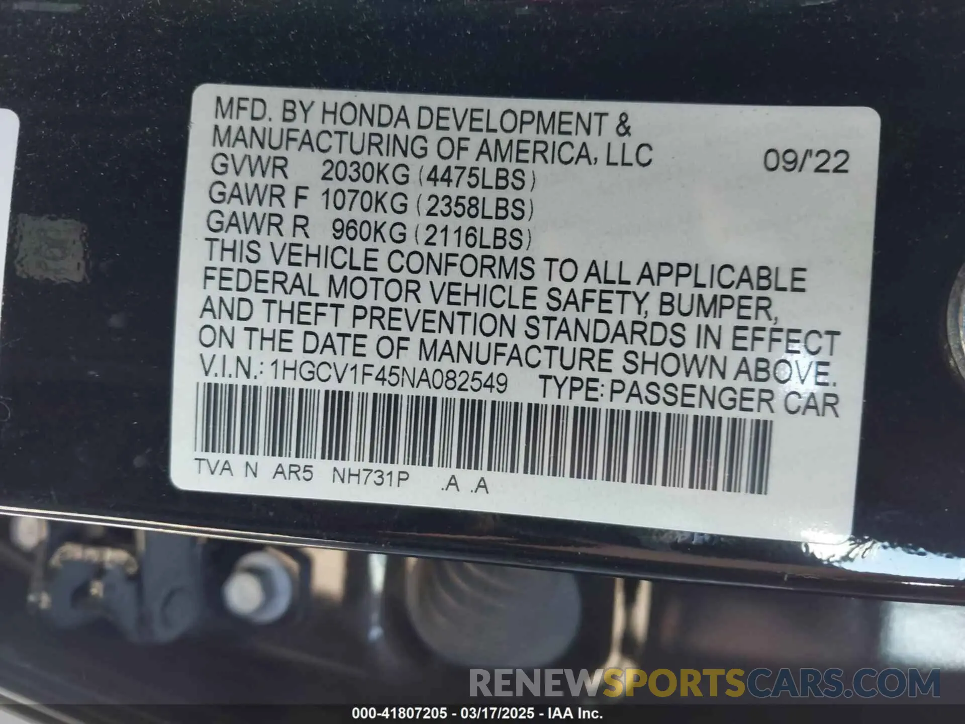 9 Photograph of a damaged car 1HGCV1F45NA082549 HONDA ACCORD 2022