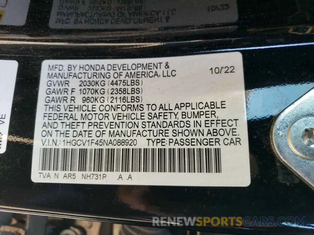 13 Photograph of a damaged car 1HGCV1F45NA088920 HONDA ACCORD 2022
