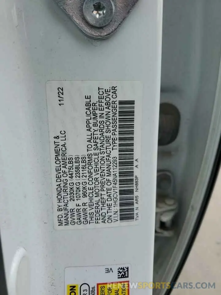 13 Photograph of a damaged car 1HGCV1F45NA112293 HONDA ACCORD 2022