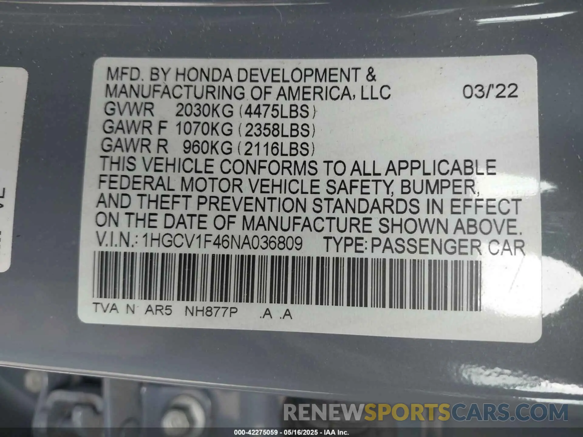 9 Photograph of a damaged car 1HGCV1F46NA036809 HONDA ACCORD 2022
