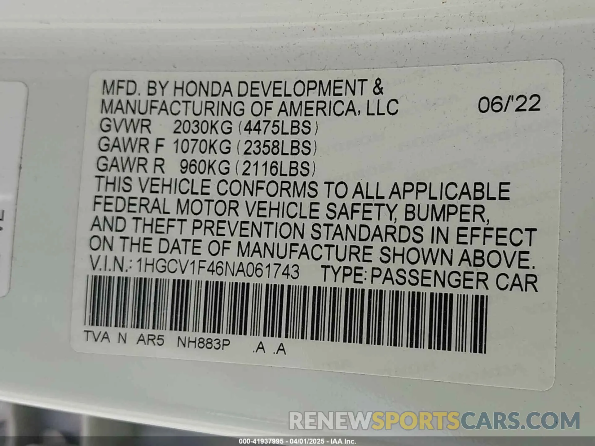9 Photograph of a damaged car 1HGCV1F46NA061743 HONDA ACCORD 2022