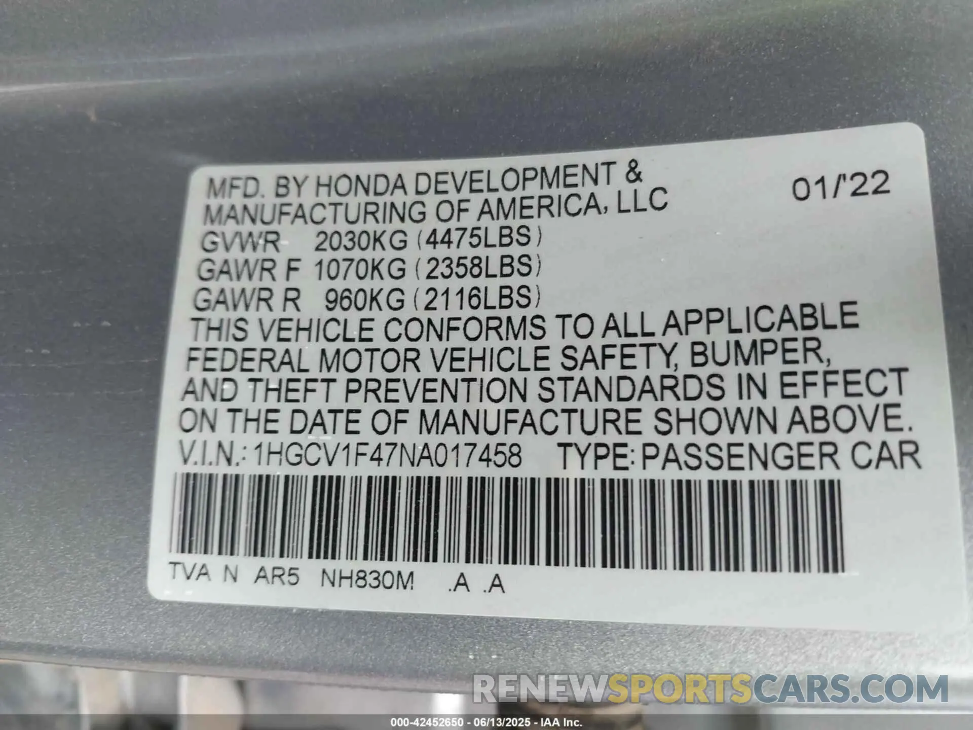 9 Photograph of a damaged car 1HGCV1F47NA017458 HONDA ACCORD 2022