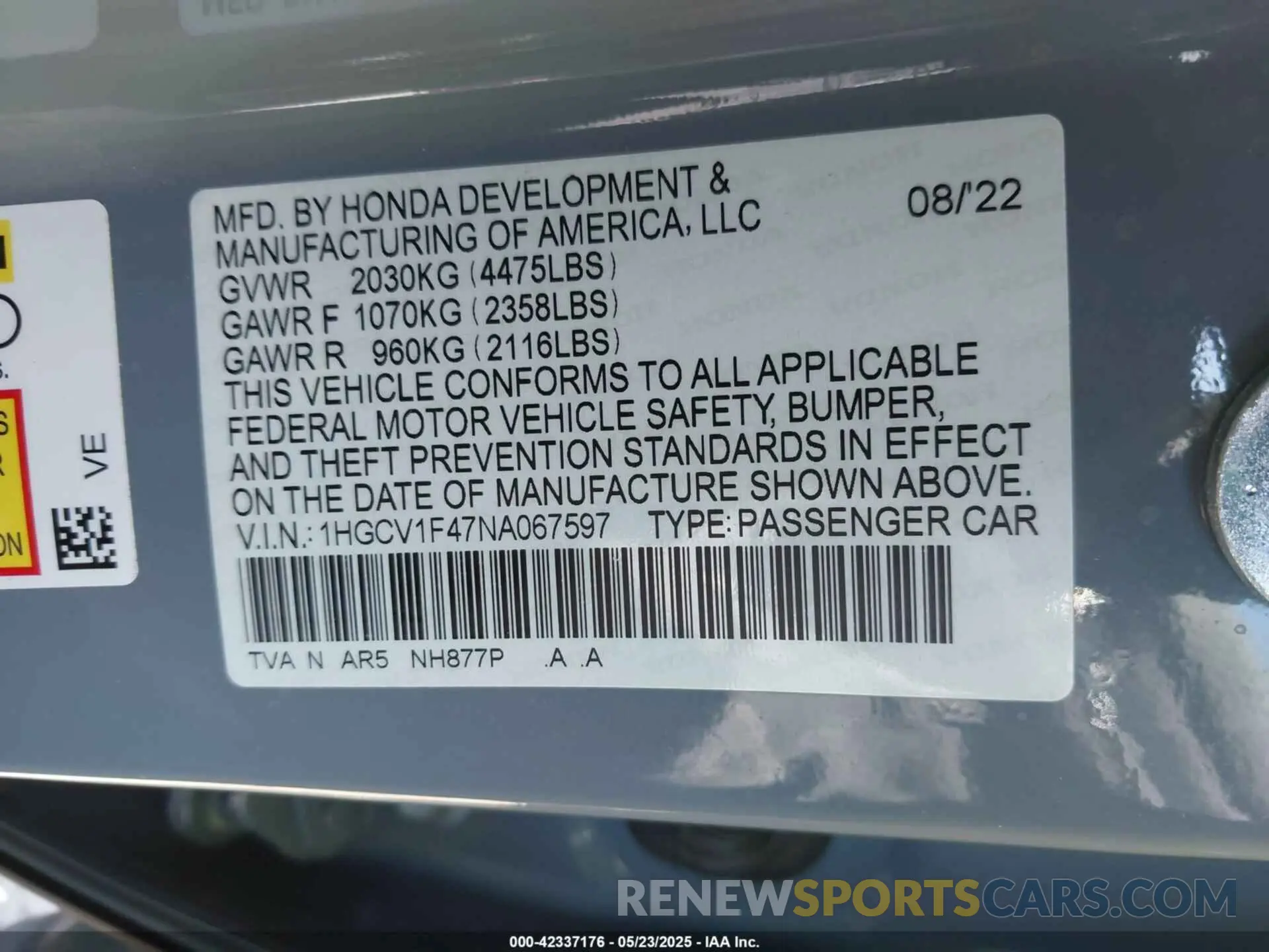9 Photograph of a damaged car 1HGCV1F47NA067597 HONDA ACCORD 2022