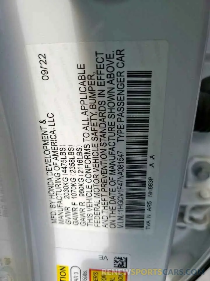 12 Photograph of a damaged car 1HGCV1F47NA081547 HONDA ACCORD 2022