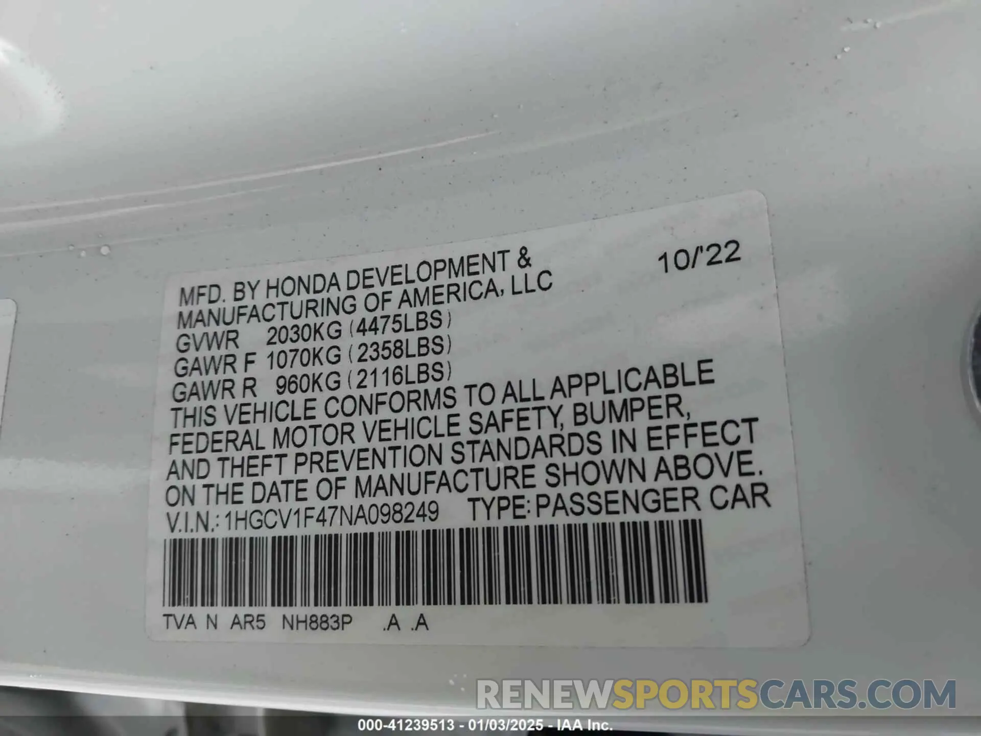 9 Photograph of a damaged car 1HGCV1F47NA098249 HONDA ACCORD 2022