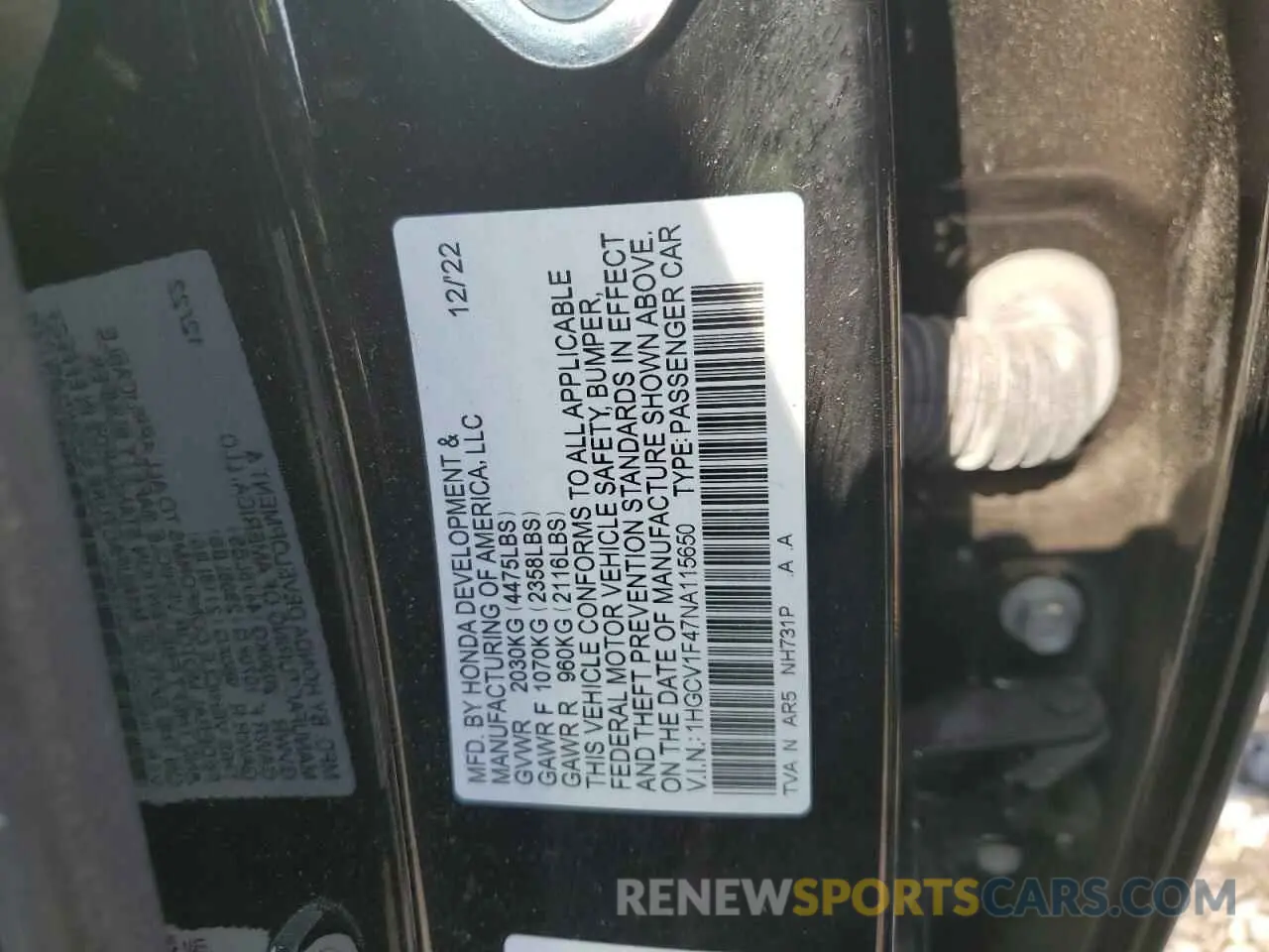 12 Photograph of a damaged car 1HGCV1F47NA115650 HONDA ACCORD 2022