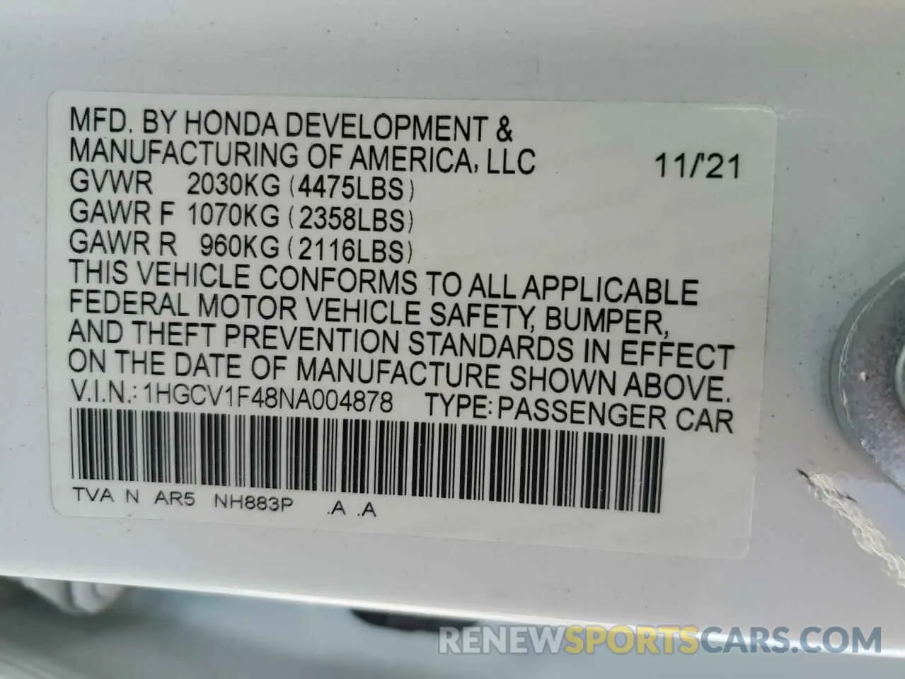 13 Photograph of a damaged car 1HGCV1F48NA004878 HONDA ACCORD 2022