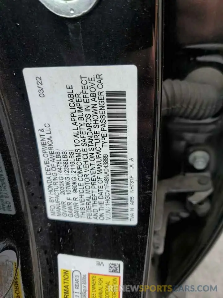 12 Photograph of a damaged car 1HGCV1F48NA043888 HONDA ACCORD 2022