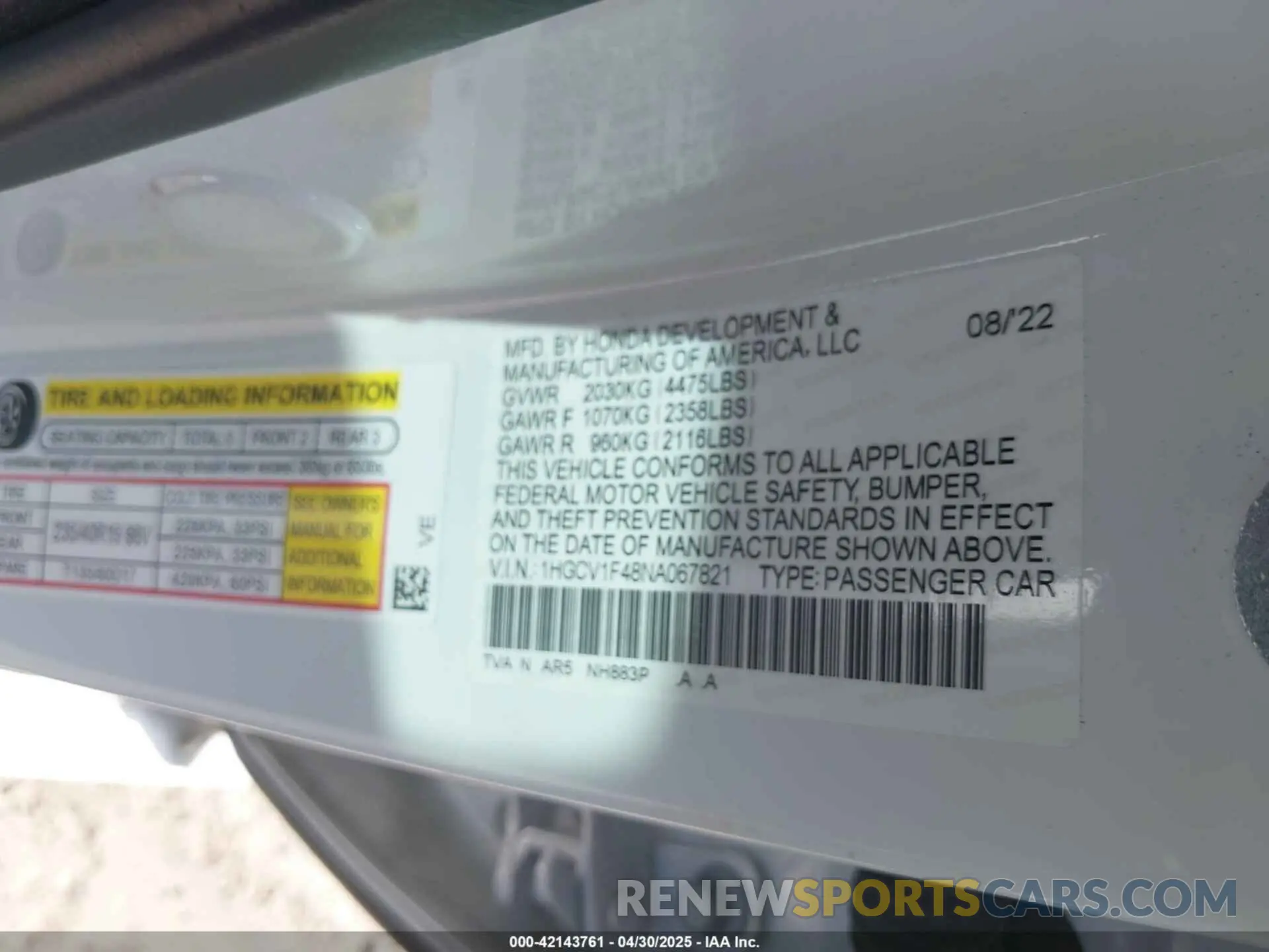 9 Photograph of a damaged car 1HGCV1F48NA067821 HONDA ACCORD 2022