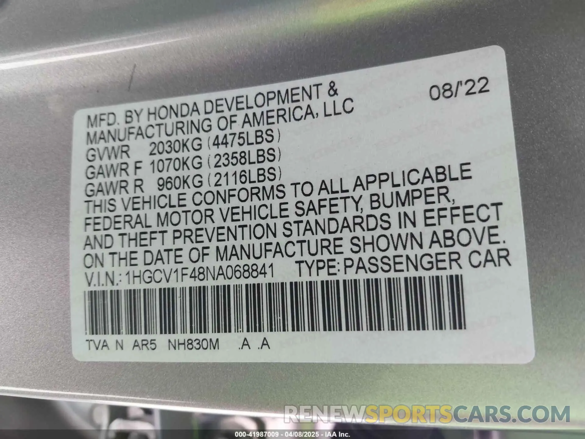 9 Photograph of a damaged car 1HGCV1F48NA068841 HONDA ACCORD 2022