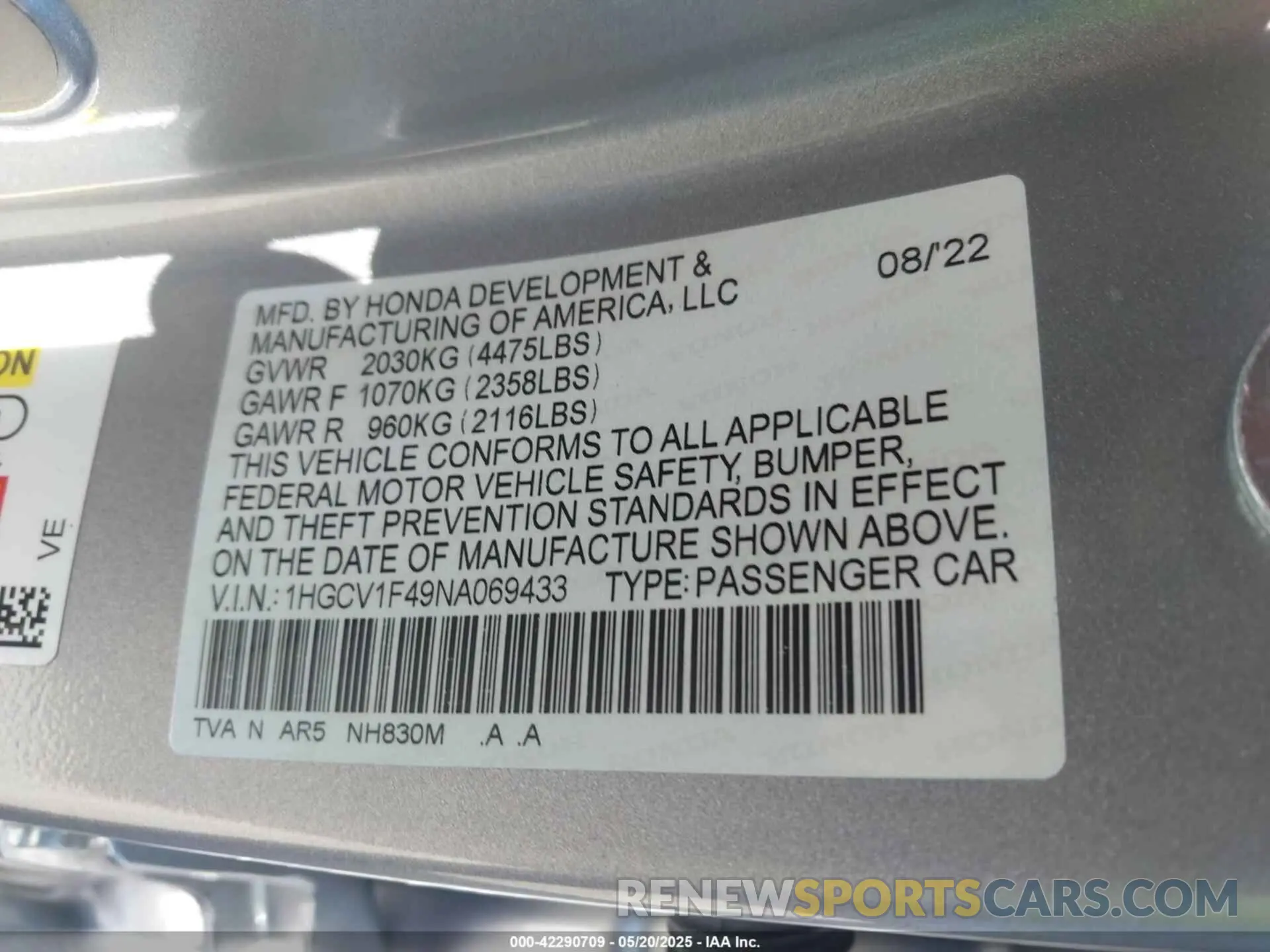 9 Photograph of a damaged car 1HGCV1F49NA069433 HONDA ACCORD 2022
