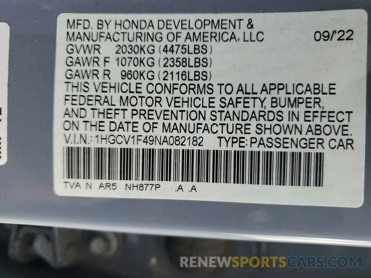 12 Photograph of a damaged car 1HGCV1F49NA082182 HONDA ACCORD 2022