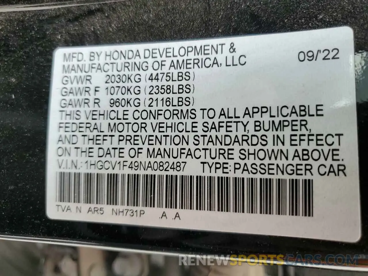 12 Photograph of a damaged car 1HGCV1F49NA082487 HONDA ACCORD 2022