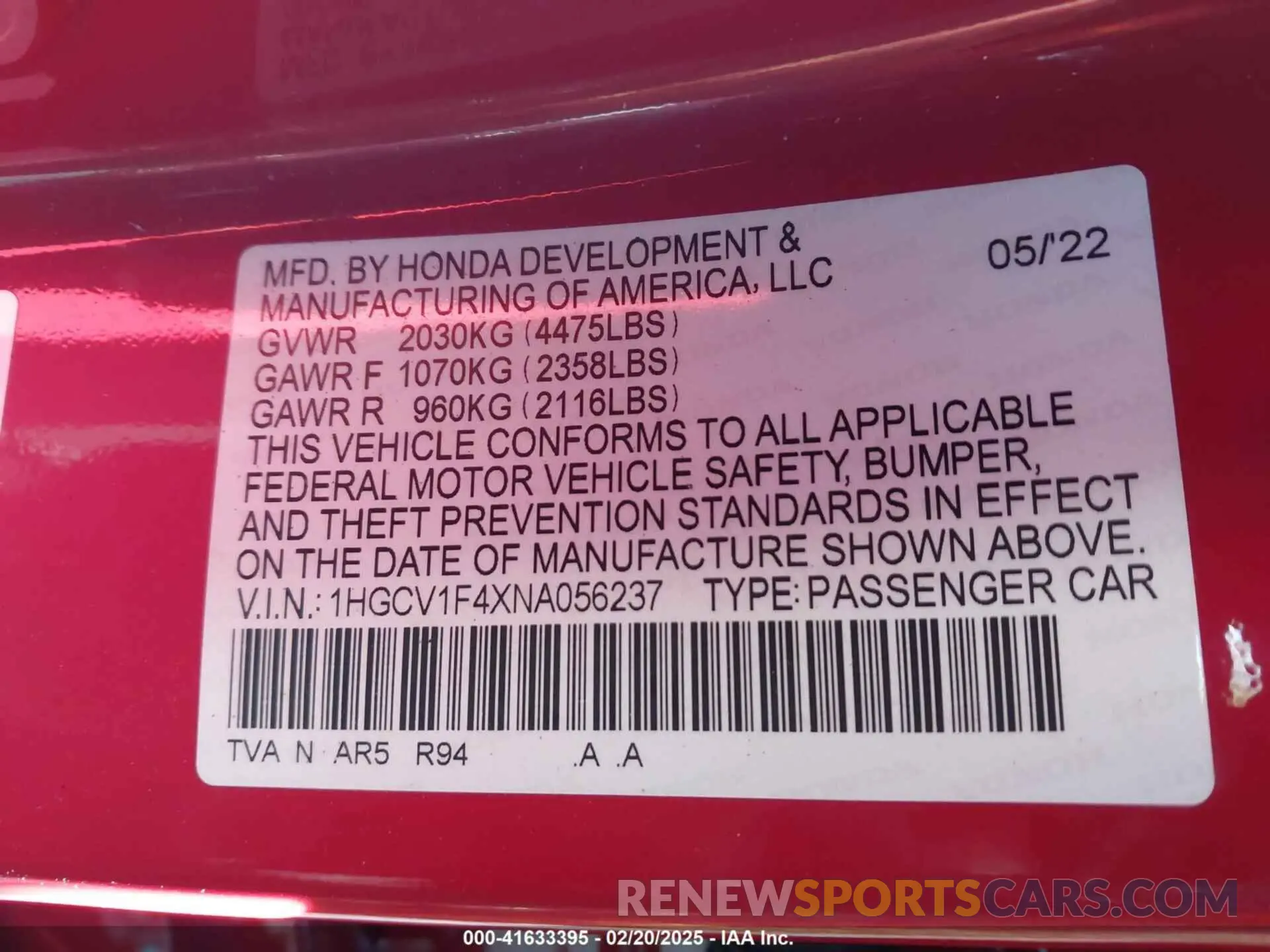 9 Photograph of a damaged car 1HGCV1F4XNA056237 HONDA ACCORD 2022